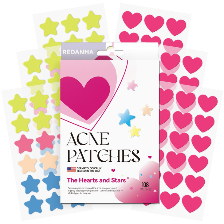 Redanha 108 Count Heart And Star Pimple Patches For Face Hydrocolloid Acne Pimple Patch With Tea Tree Oil For Party Gift Covering Zits