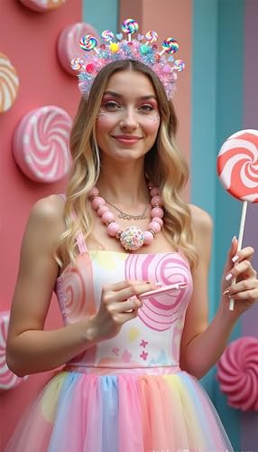 Nvenf Candy Headband For Women Girls Colorful Pom Pom Lollipop Headbands Candyland Costume Outfits Candy Accessories Birthday Party Favors