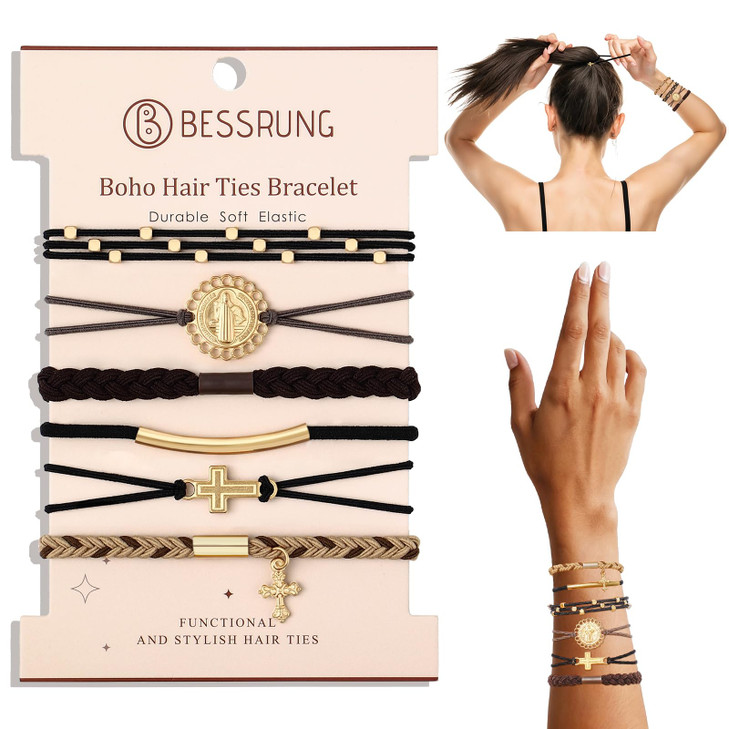 Bessrung 6Pcs Boho Hair Tie Bracelets For Women Cross And Jesus Hair Bands