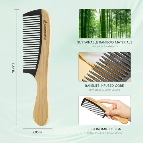 Bamboo Fine Tooth Detangling Comb Anti Static For Curly Thick Hair Beard