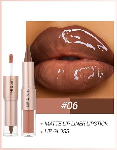 Erinde 2 In 1 Lip Combo Set Dual Ended Lip Liner And Gloss Combo Nude Brown Lipliner Velvet Matte Lipstick And High Shine Gloss High