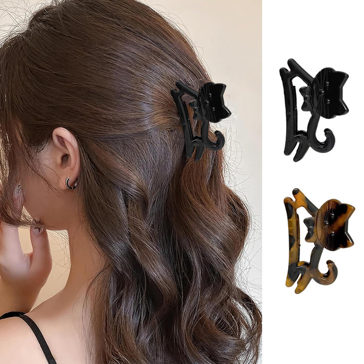 2Pcs Winter Cat Hair Clips Cute Black Brown Cat Claw Clips Small Size Winter Hair Claw Clips For Thin Thick Hair Style Acrylic Hair Clips
