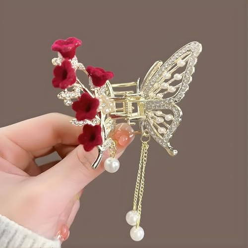 Kemmintvn Luxury Butterfly Hair Claw Clip With Sparkling Rhinestones Velvet Flowers And Dangling Pearl Tassels Elegant Decorative Hair