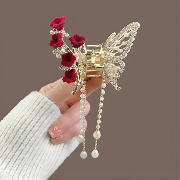 Kemmintvn Luxury Butterfly Hair Claw Clip With Sparkling Rhinestones Velvet Flowers And Dangling Pearl Tassels Elegant Decorative Hair