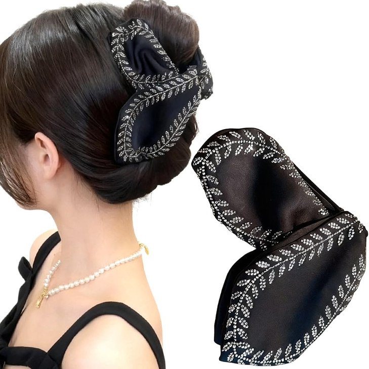 Black Satin Bow Hair Claw Clips For Women Decorative Clawclips Leaf Wheat Ear Glitter Rhinestone Hair Claws Graceful Hairclip Large Triangle