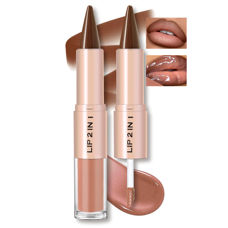 Hosaily Lip Liner Gloss Lip Combo Set 2 In 1 Lip Duo Natural Nude Brown Lip Liner Lipstick Glossy Nourishing Toffee Lip Gloss Kit Smooth