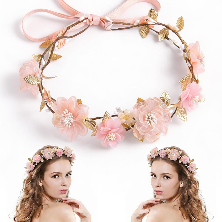Memovan Pink Flower Crown Headband Rose Floral Headpiece Adjustable With Gold Leaf Bohemian Fairy Flower Renaissance Hair Wreath Accessory