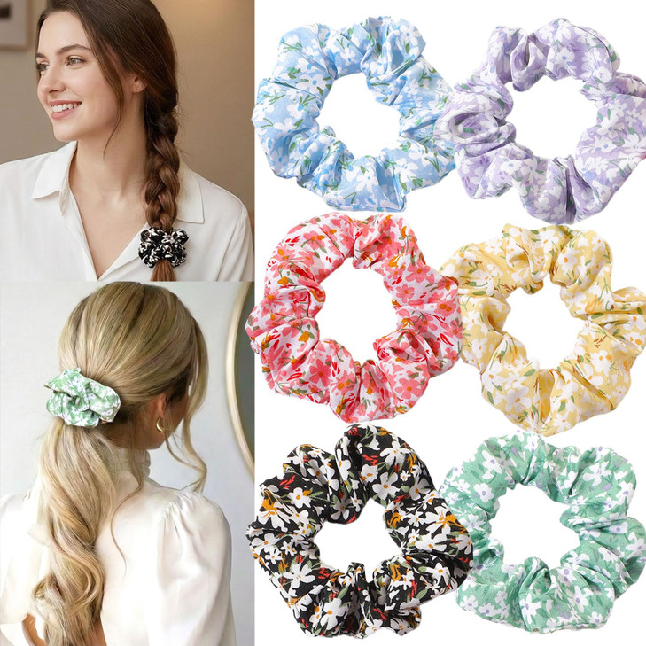 Baisen 6 Pieces Floral Scrunchies For Women Cute Scrunchies Hair Ties Ponytail Holder Fresh Sweet Flowers Printing Hair Accessories Gift For