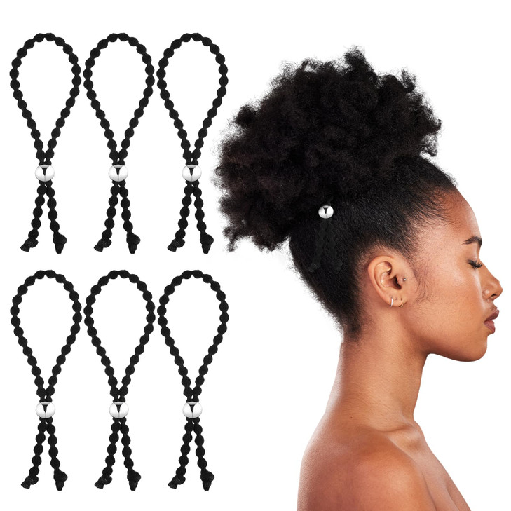 6 Piece Adjustable No Slip Hair Ties Black Drawstring Hair Accessories Silk Soft Afro Puff Cuff Drawstring Ponytail Holders Satin Hairband