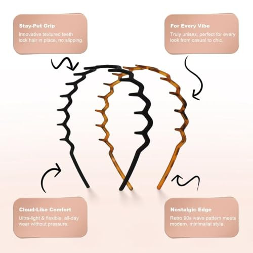 2 Pack Plastic Zig Zag Headbands For Women Non Slip Fashion Accessories For Slicked Back Styles Comfortable Comb Headband With Teeth Ideal