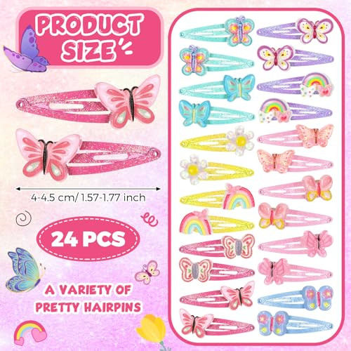 Hanaive 24 Pcs Rainbow Hair Clips For Girls Kids Hair Barrettes Butterfly