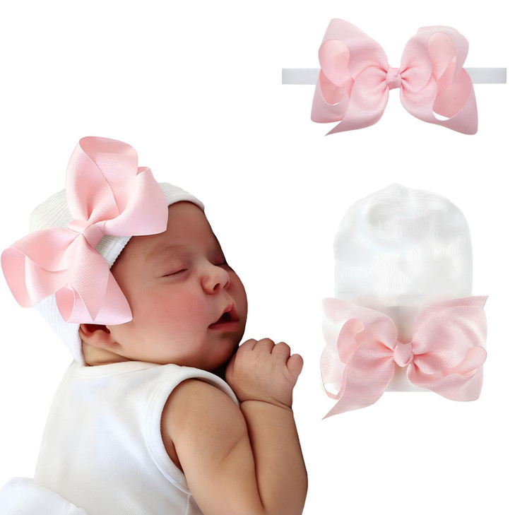 Nuosyi 2Pcs Newborn Baby Hat Infant Caps Boy Girl Toddler Hospital Hats Bow Double Layer Knit Beanie Cap With Headband For Photo Props Gifts