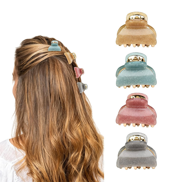 4 Pcs Small Acrylic Hair Claw Plastic Non Slip Half Ponytail Holder Hair Barrette For Women Gold Silver Pink Blue
