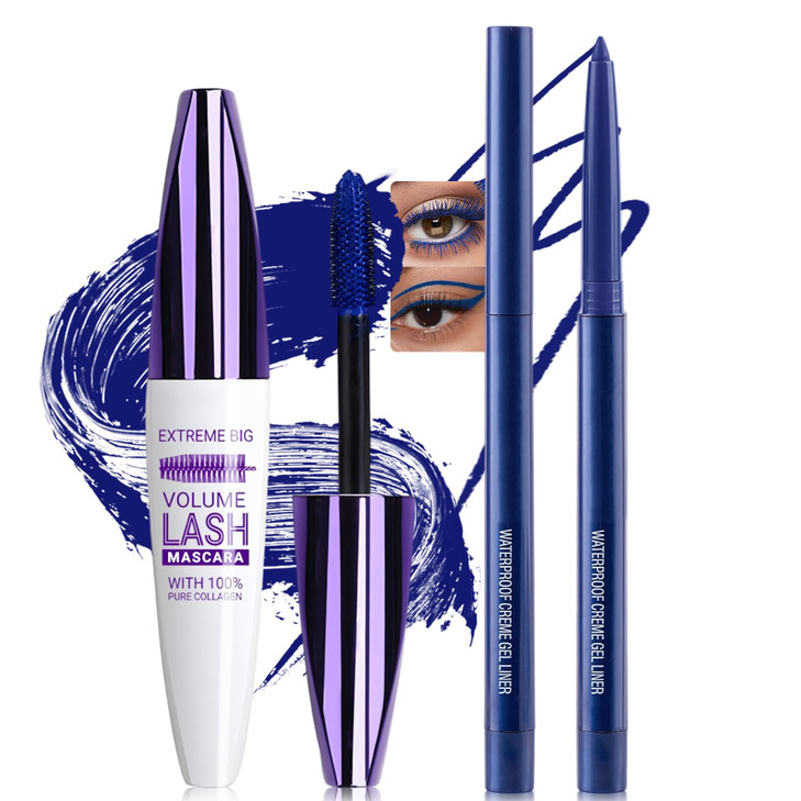 Wugbc Blue Mascara Eyeliner Pencil Set 5D Colored Mascara Volume Length Smudge Proof Smooth Shine Gel Eye Liner Pen Waterproof Natural