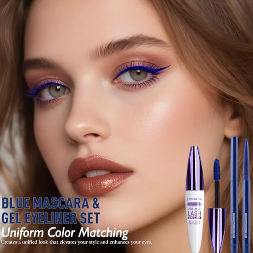 Wugbc Blue Mascara Eyeliner Pencil Set 5D Colored Mascara Volume Length Smudge Proof Smooth Shine Gel Eye Liner Pen Waterproof Natural