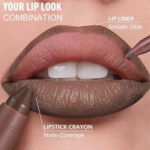 Wugbc Lip Kit Coffee Brown Lip Liner Pencil Ombre Lipstick Set Long Lasting Plumping Creamy Lip Makeup For Women High Pigmented Lip Combo