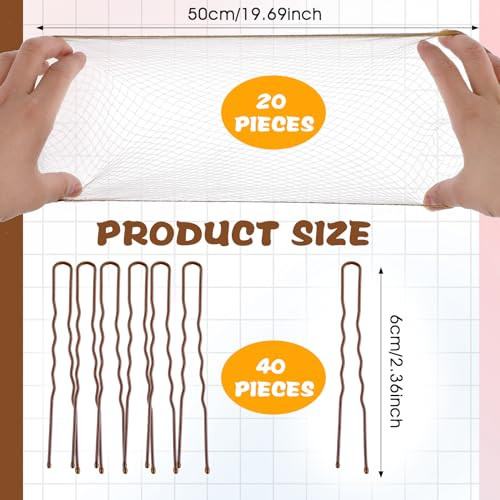 Abeillo Hair Net Set 20 Invisible 50Cm Hairnets 40 U Shaped Pins For Women Girls Ballet Buns And Dance Brown