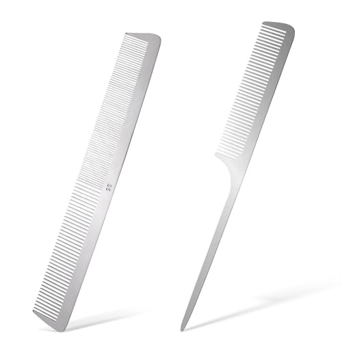 2 Pcs Stainless Steel Rat Tail Comb With Metal Pick And Flat Top Barber Comb For Hair Styling