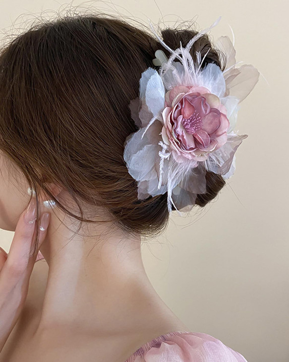 Rannyrena Vintage Pink Flower Hair Claw Clip With Feather Floral Hair Piece For Women Wedding Bridal Dainty Floral Hair Accessories