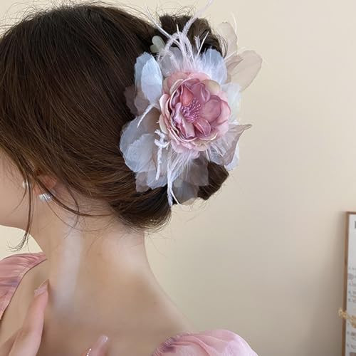 Rannyrena Vintage Pink Flower Hair Claw Clip With Feather Floral Hair Piece For Women Wedding Bridal Dainty Floral Hair Accessories