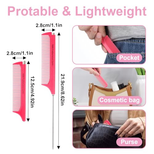 2Pcs Retractable Rat Tail Comb For Parting Protable Fine Tooth Teasing Comb For Styling Long Steel Pin Rat Tail Comb For Women Girls Hair