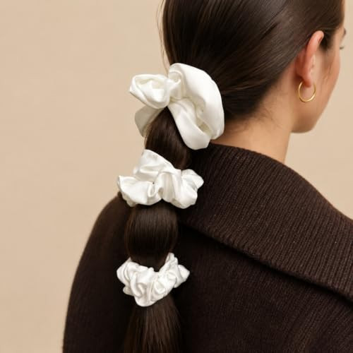 3 Pieces Satin Scrunchies Set For Hair No Crease Elastic Hair Ties For Women And Girls White