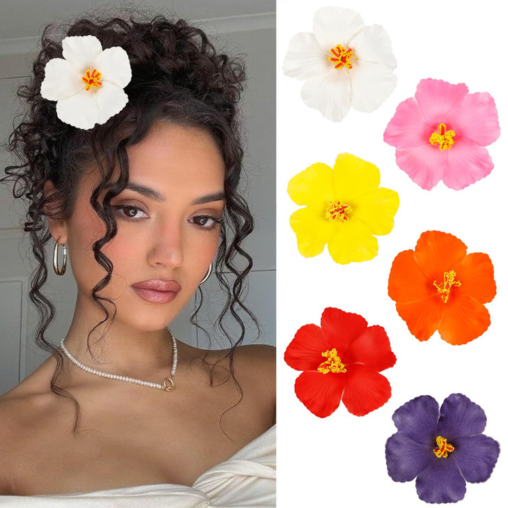 6Pcs Hawaiian Flower Hair Clips For Women 3.5 Inch Artificial Tropical Flower Clips Hibiscus Hair Clip Hair Accessories For Beach Vacation