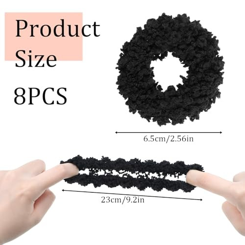 8Pcs Plush Scrunchie Hair Ties Large Black Fluffy Elastic Hair Bands Soft Fuzzy Solid Color Cute Ponytail Holders Hair Accessories For Women