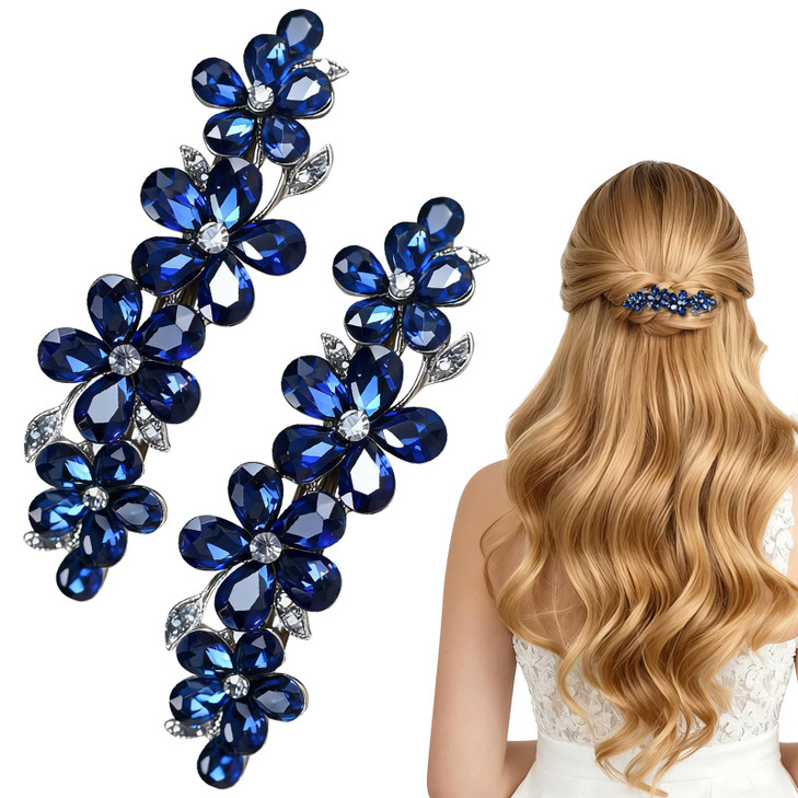 2Pcs Blue Hair Barrettes For Women Rhinestone Clips With Premium Crystal Jewelry Accessories For Women With Thin Thick Hair Secure Grip For