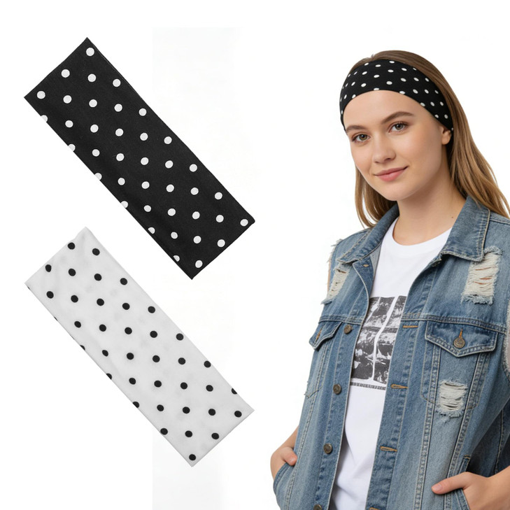 Tucnoeu 2Pcs Black White Polka Dot Headband Set Stretchy Spa Yoga Headbands Soft Non Slip Fashion Head Bands Elastic Wide Sweatband Headband