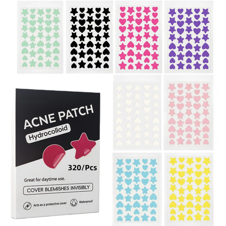 Viviyoo 320 Count Heart And Star Face Stickers Colorful Hydrocolloid Blemish Covers For Skin 8 Vibrant Colors Cute Facial Decorations