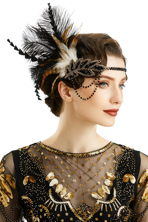 Babeyond 1920S Headpiece Flapper Headband Roaring 20 S Sequined Showgirl Hair Band Black With Feather Black