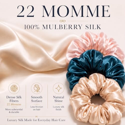 Silk Scrunchies For Hair 100 Percent Mulberry Silk Hair Ties 3 Pack Pink Peacock Blue Apricot