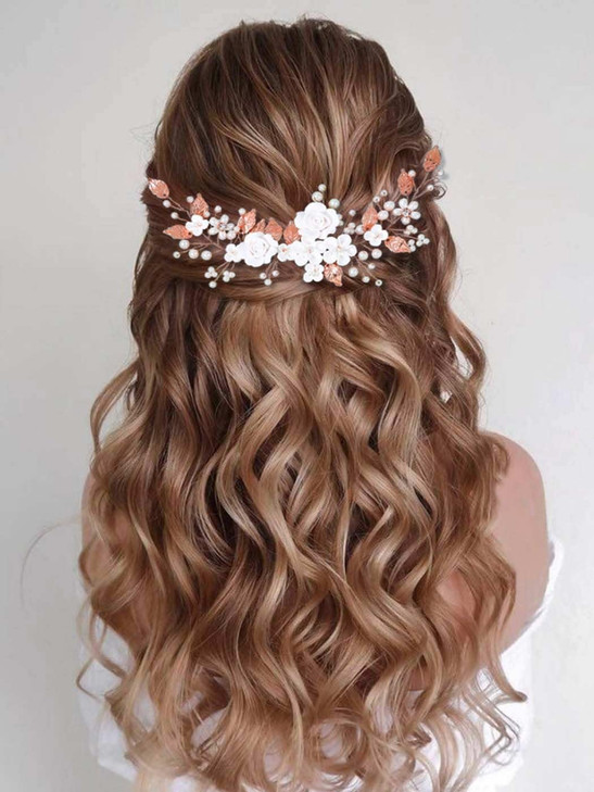 Casdre Flower Bride Wedding Hair Vine Pearl Bridal Headpiece Leaf Hair Accessories Hair Piece For Women And Girls C Rose Gold