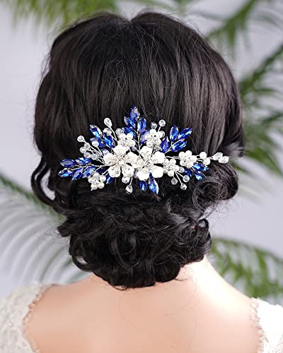 Kercisbeauty Flower Hair Comb For Women And Girls Wedding Bridal Crystal Hair Piece Blue