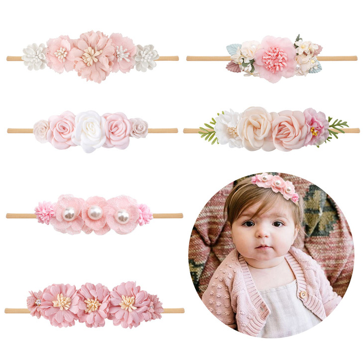 Nuwajp 6Pcs Baby Girl Flower Headband Elastic Hairbands Handmade Nylon Bows Floral Hair Accessories Gifts For Newborn Infant Toddlers