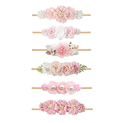 Nuwajp 6Pcs Baby Girl Flower Headband Elastic Hairbands Handmade Nylon Bows Floral Hair Accessories Gifts For Newborn Infant Toddlers