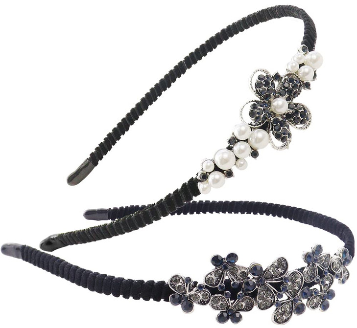 Tcotbe 2 Pack Rhinestone Hair Accessories Crystal Headbands Shiny Butterfly Flowers Vintage Sparkly Beaded Hoops Pearl Jewelry For Women