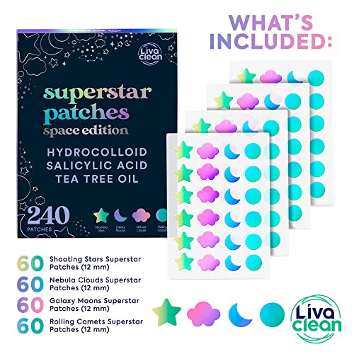 Livaclean 240 Ct Holographic Cute Acne Patches Space Edition W Salicylic Acid And Tea Tree Oil For Face Hydrocolloid Star Pimple Patches