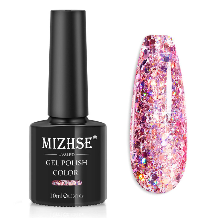 Mizhse Glitter Gel Nail Polish Pink Sparkly Diamond Holographic Effect