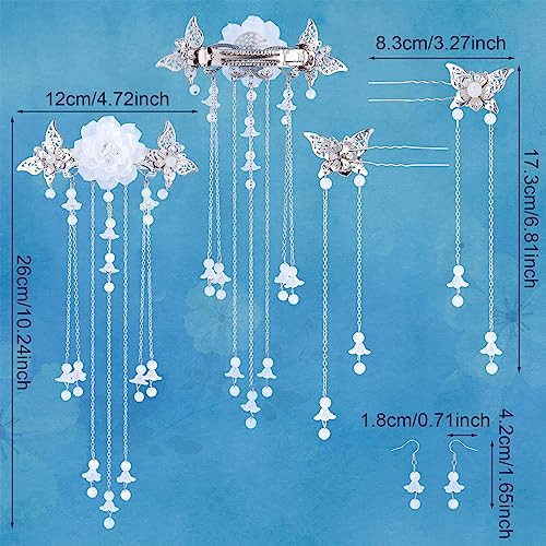 Joez Wonderful 5Pcs Chinese Hair Stick Pins Sets Butterflies Hair Barrettes Clips With Long Tassel Hanfu Hair Flowers Pearl Hairstyle