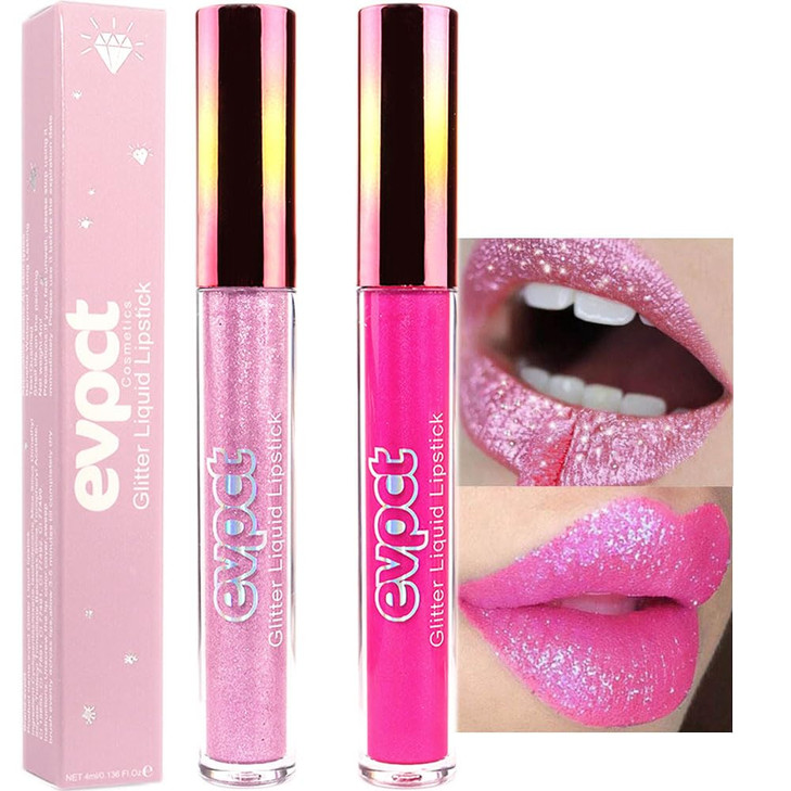 Evpct 2Pcs Rose And Hot Pink Glitter Metallic Shimmer Diamond Lipstick Lip Gloss Set For Women Long Lasting Waterproof Light Bright Rose