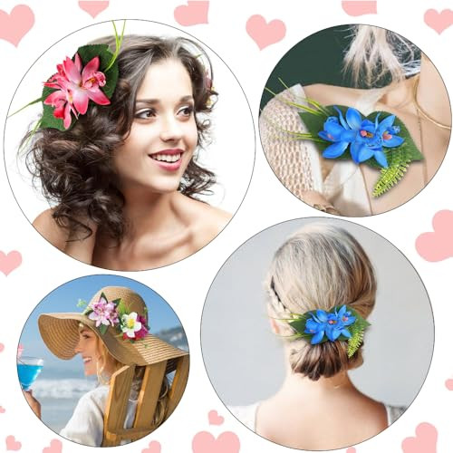 Ahoney 4 Pieces Tropical Flowers Hair Clips For Women Girls Hawaiian Artificial Flower Hair Barrettes Flower Hair Pins Hair Accessories For