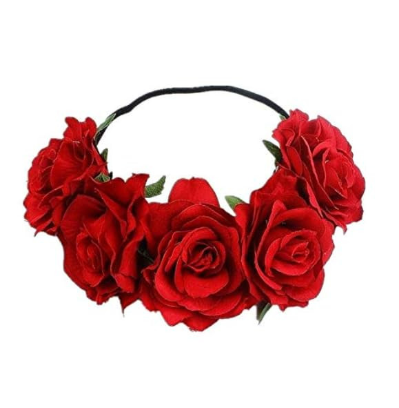 Lassum Red Rose Flower Crown Fake Flower Crowns Headbands For Women Girl Rose Floral Head Piece Hair Crown Pet Headband Flower Wreath