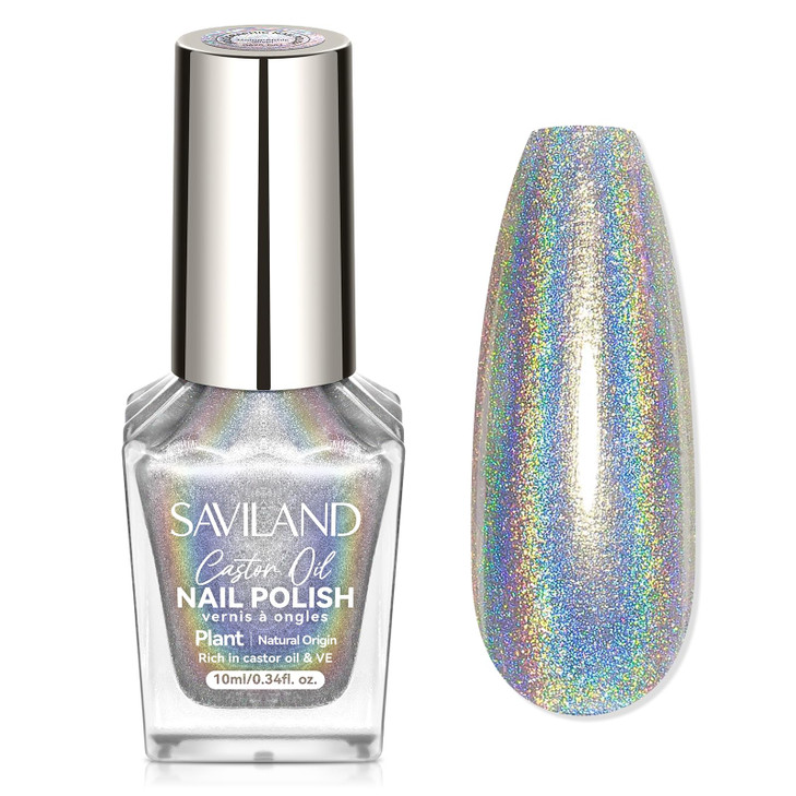 Saviland Holographic Nail Polish Laser Silver Chrome Quick Air Dry Fingernail Polish Non Gel 0.34 Oz Castor Oil Nail Lacquer Shimmer Glitter