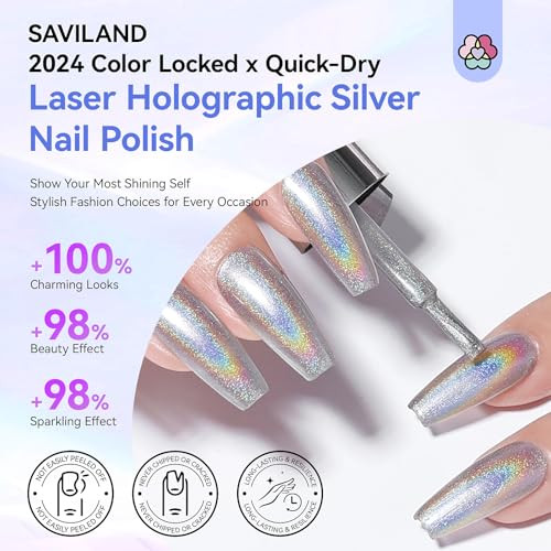 Saviland Holographic Nail Polish Laser Silver Chrome Quick Air Dry Fingernail Polish Non Gel 0.34 Oz Castor Oil Nail Lacquer Shimmer Glitter