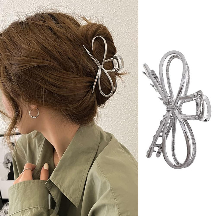 1Pcs Metal Silver Bow Hair Claw Clips Large Fashion Hair Accessories For Women Girls Strong Hold Alloy Elegant Jaw Grip Clips For Thin Or