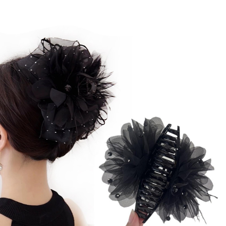 Asggbah Hair Clip With Flower Bird Feather And Bowknot 1Pc Black For Women Girls Large Bow Hair Claw Clips For Thick Hair Barrettes Birthday