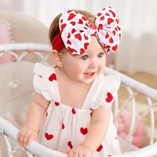 Lanmerry Valentines Baby Bow Headbands For Girls Waffle Tied Bow Hairbands Handmade Cute Red Love Heart Head Wraps Hair Accessories For