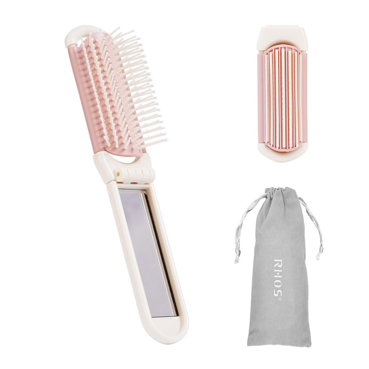 Rhos Folding Brush With Mirror For Women Girls Mini Hair Brush For Purse Small Pocket Brush With Soft Nylon Bristles And Mirror For Travel